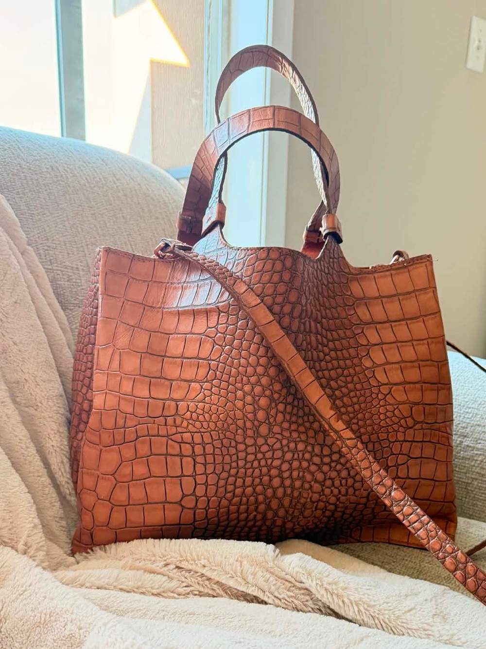 Lia Numa Brown Croc-Embossed Leather Tote Bag